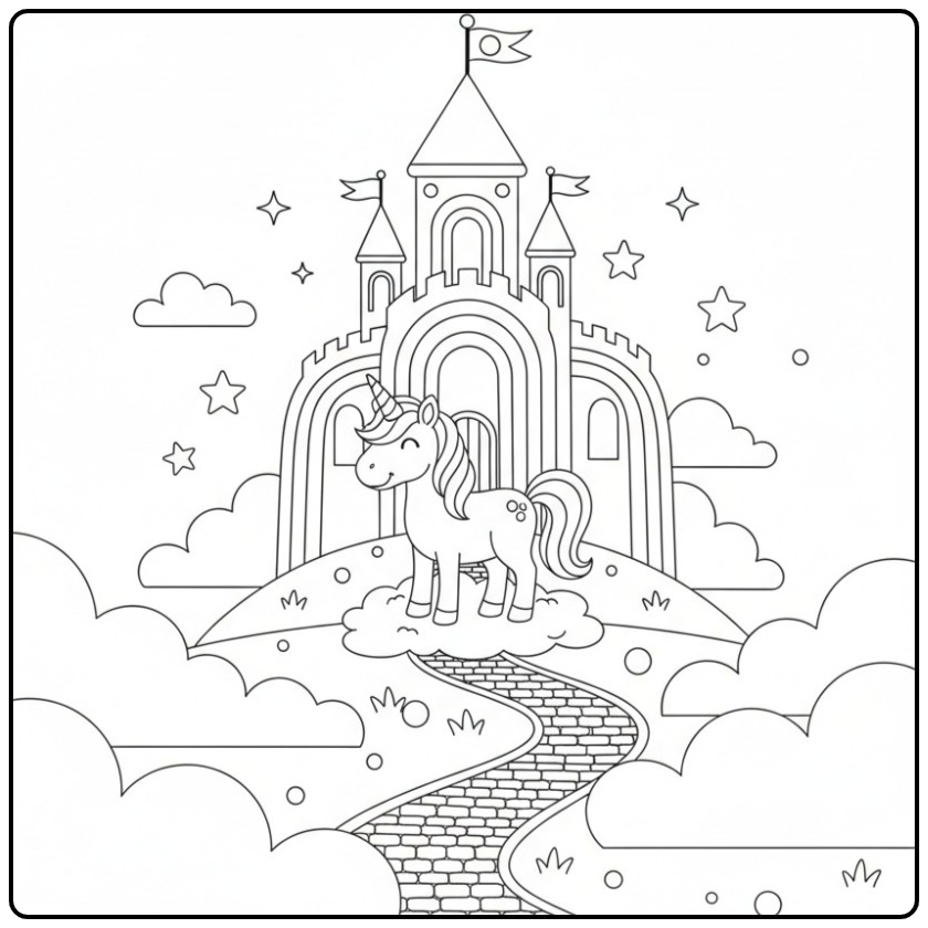 Vrolijke kleurplaat eenhoorn regenboog kasteel in de wolken.