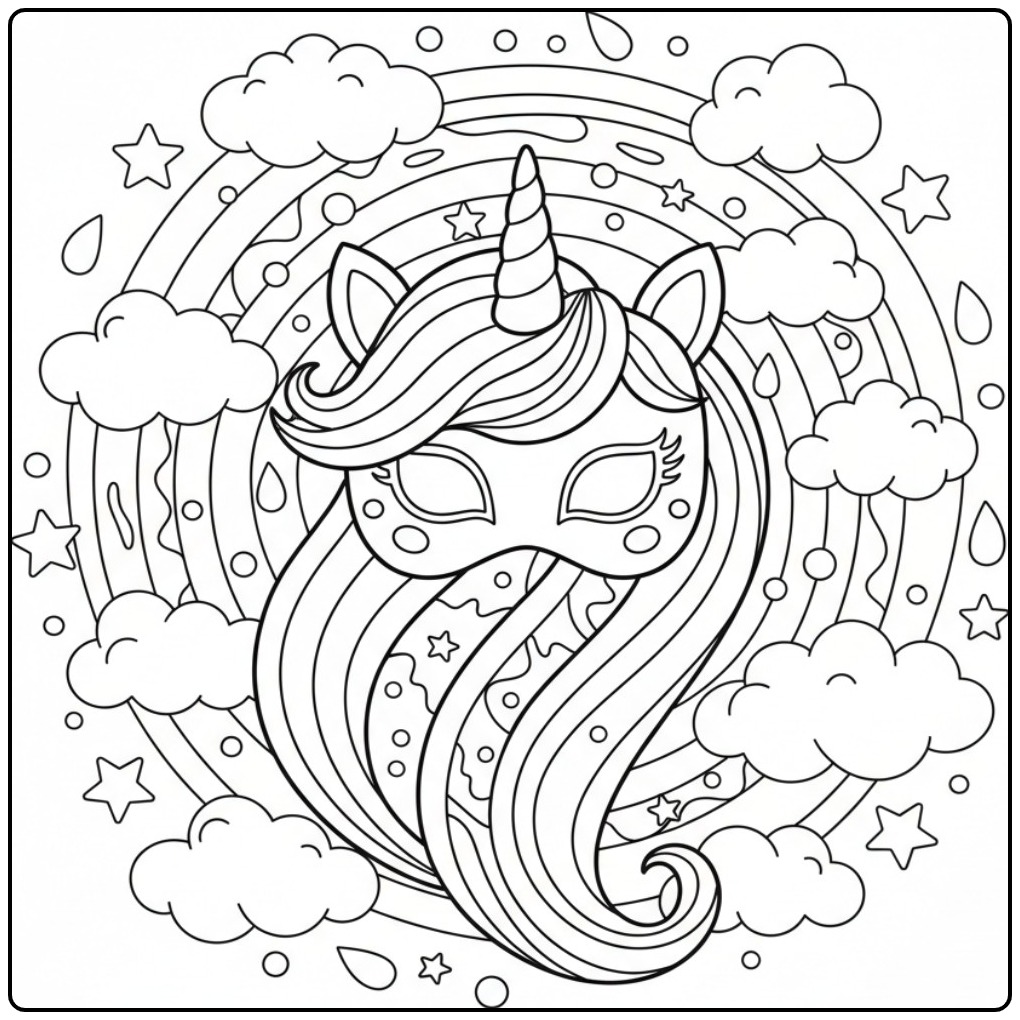 Kleurplaat eenhoorn regenboog masker met sterren en wolken.