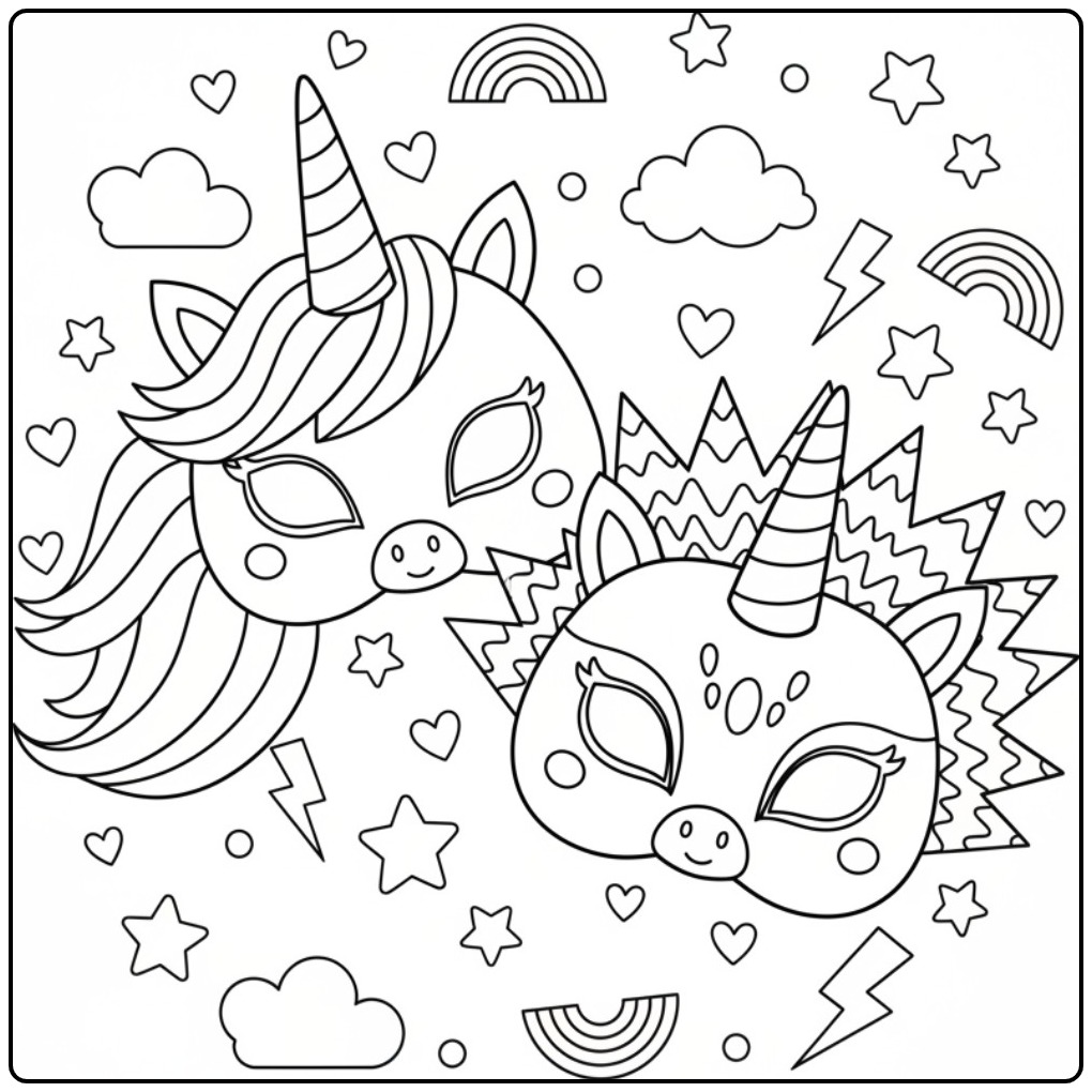 Kleurplaat eenhoorn regenboog masker: twee betoverende gezichten.