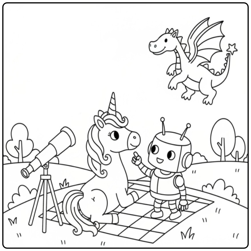 Een leuke kleurplaat eenhoorn schattig met een robot en draak.