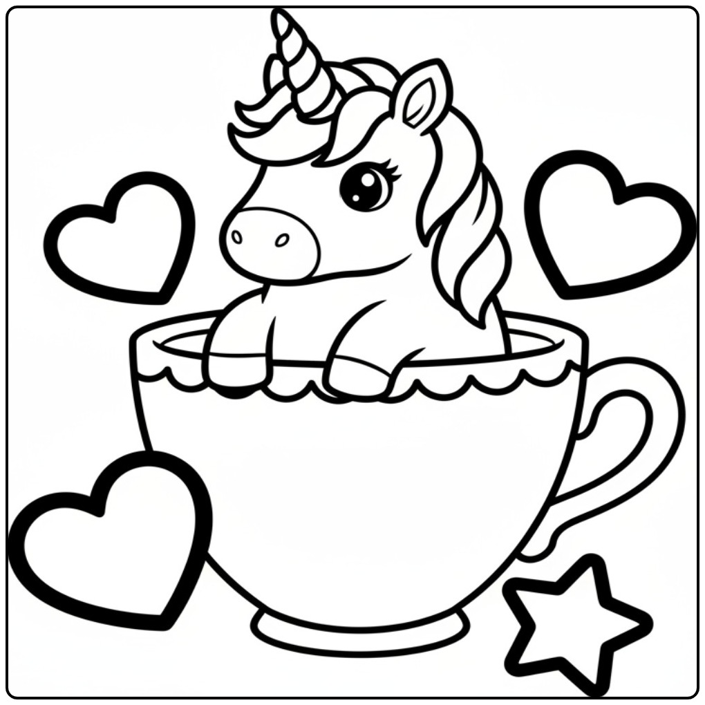 Een lieve kleurplaat eenhoorn schattig in een groot theekopje.