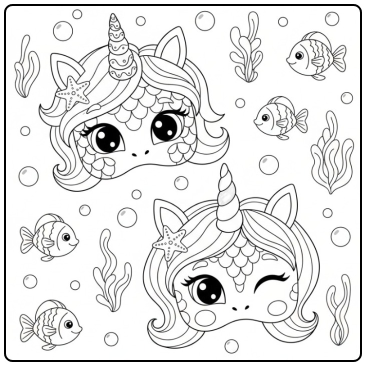 Kleurplaat eenhoorn zeemeermin masker met vissen en zeewier.