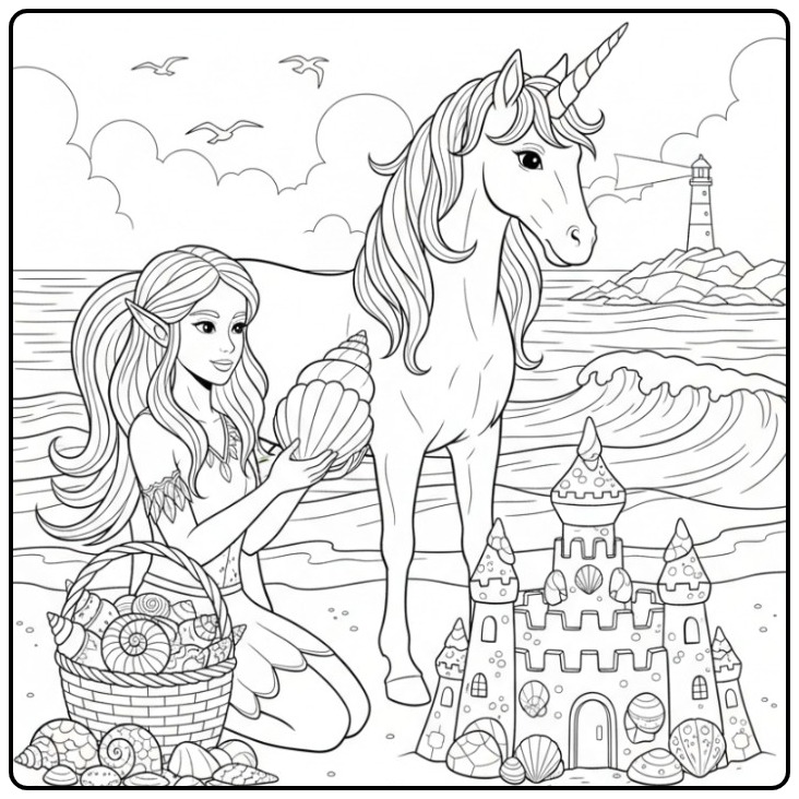 Een dromerige kleurplaat elfje en eenhoorn op het strand.