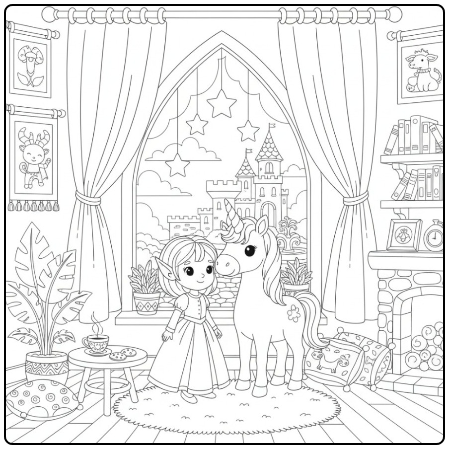 Een schattige Kleurplaat elfje en eenhoorn bij het kasteel.