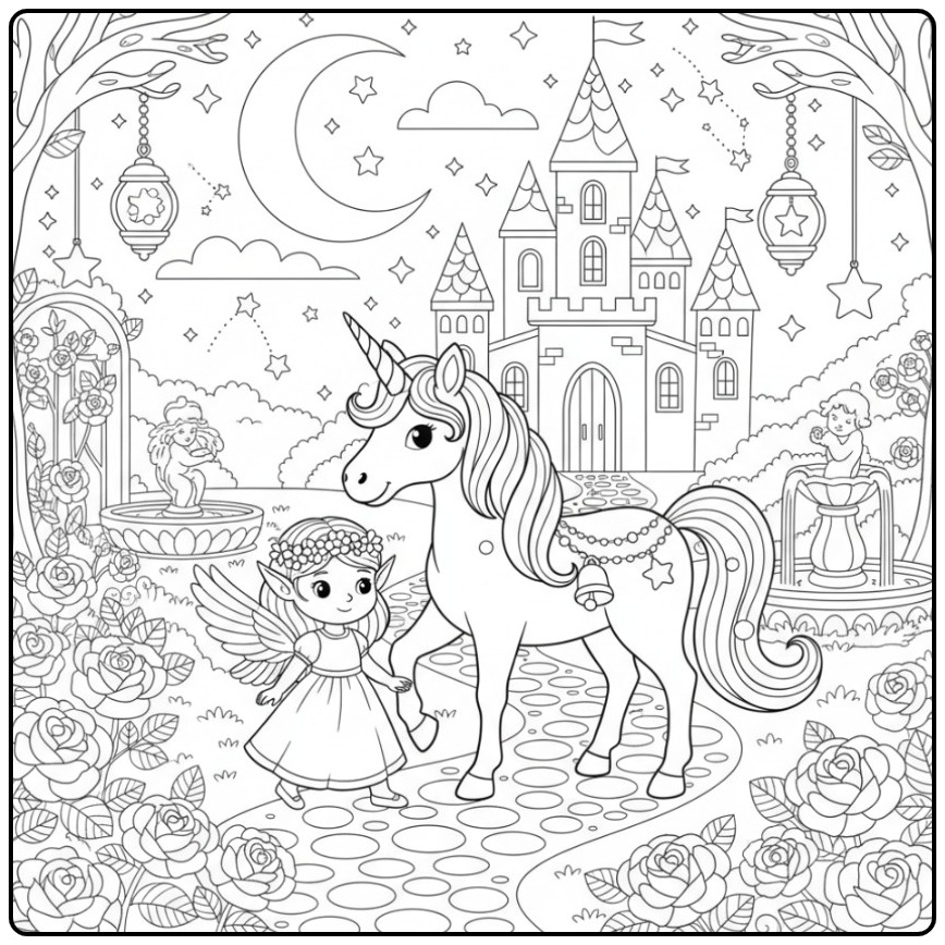 Vriendjes op een Kleurplaat elfje en eenhoorn bij het kasteel.