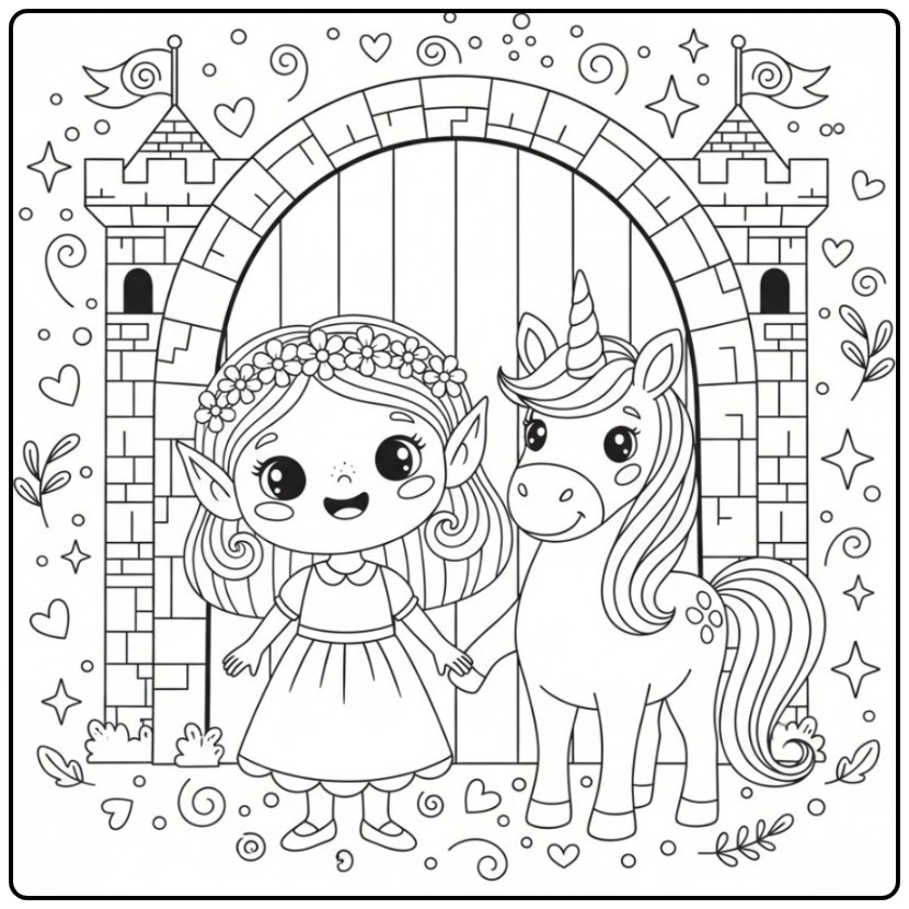 Vrolijke Kleurplaat elfje en eenhoorn bij het kasteel.