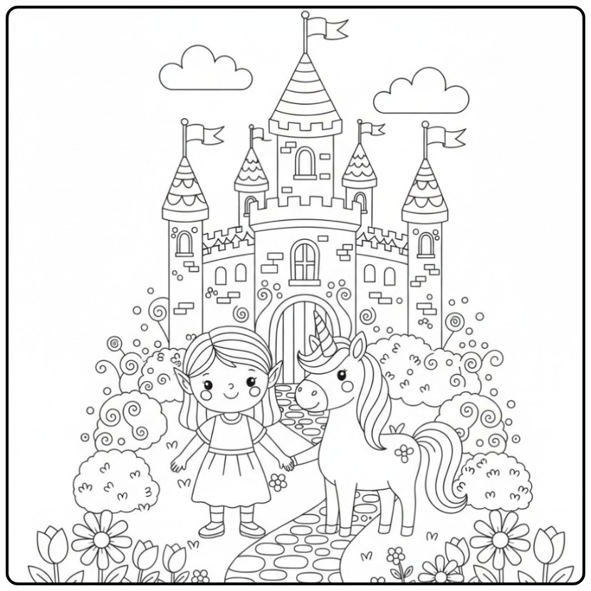 Een schattige Kleurplaat elfje en eenhoorn bij het kasteel.