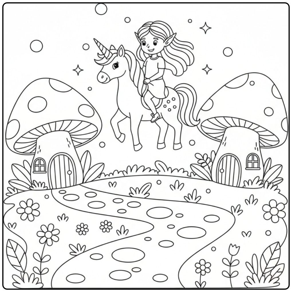 Een vrolijke kleurplaat elfje en eenhoorn in een sprookjesbos.