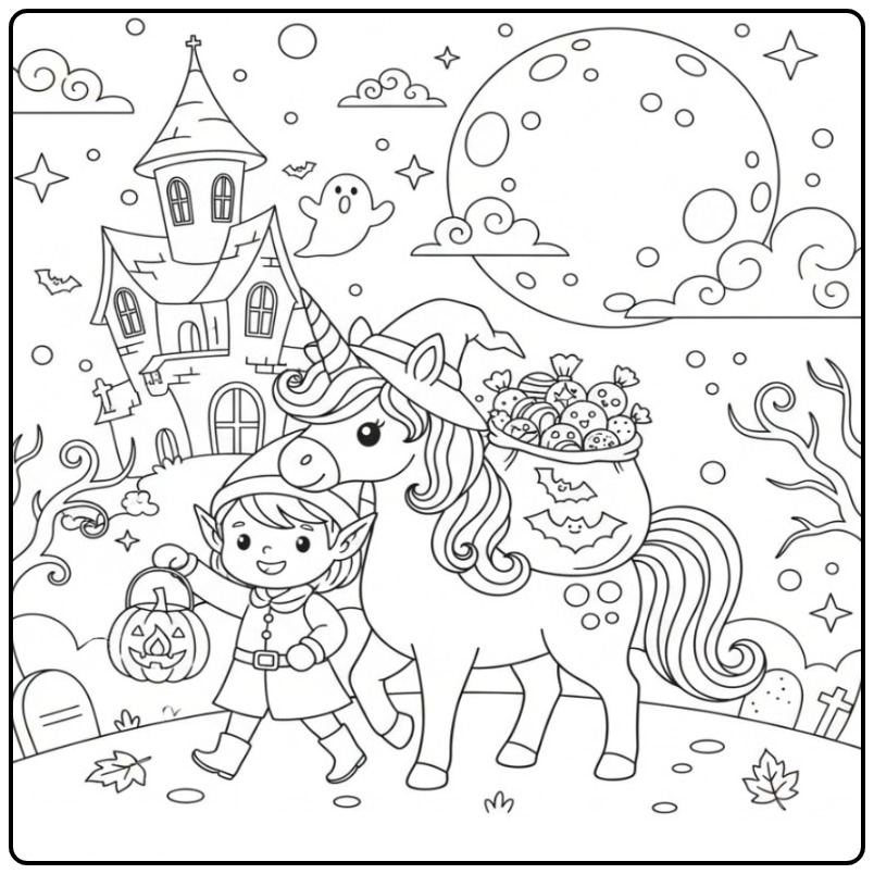 Schattige Kleurplaat elfje en eenhoorn Halloween met snoep.