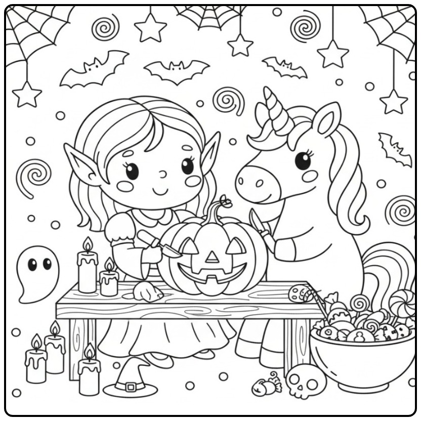 Leuke Kleurplaat elfje en eenhoorn Halloween die pompoen snijden