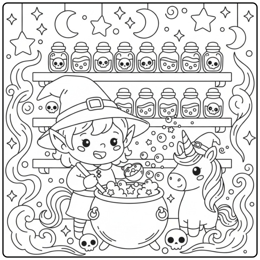 Leuke Kleurplaat elfje en eenhoorn Halloween met een toverketel.