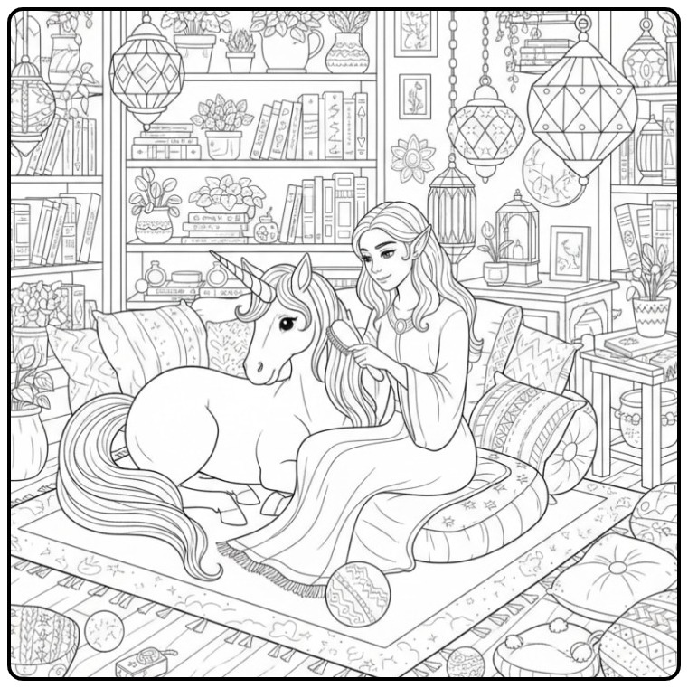 Een lieve kleurplaat elfje en eenhoorn in een gezellige kamer.