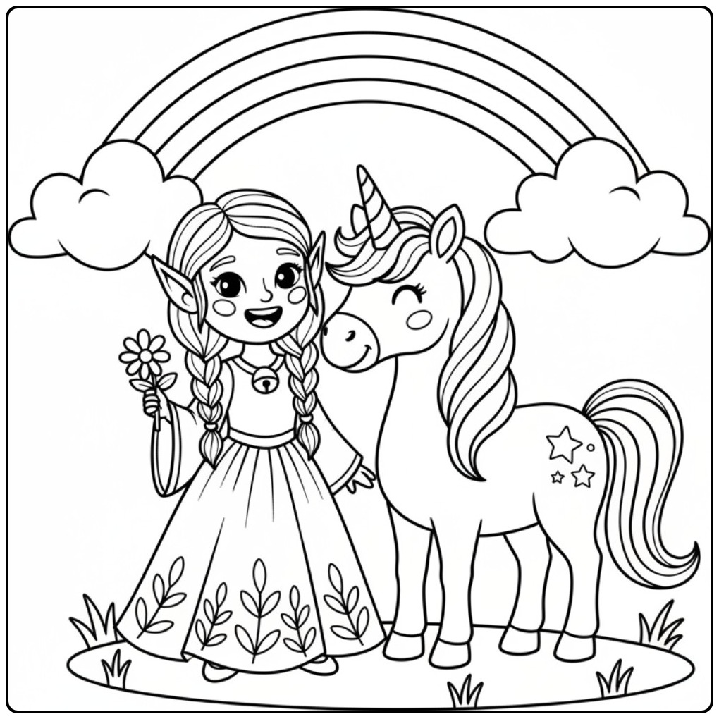 Lieve kleurplaat elfje en eenhoorn onder een regenboog.