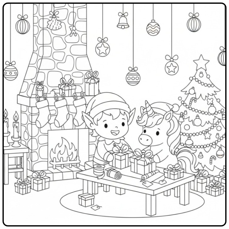 Leuke Kleurplaat elfje en eenhoorn Kerst cadeaus inpakken.