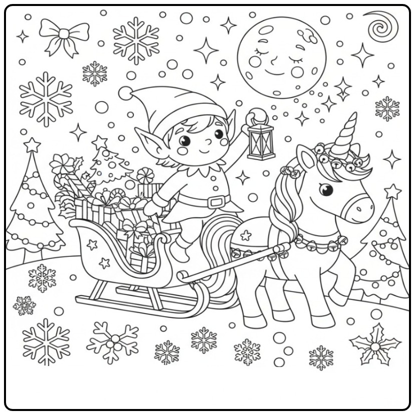 Een schattige Kleurplaat elfje en eenhoorn Kerst met slee.