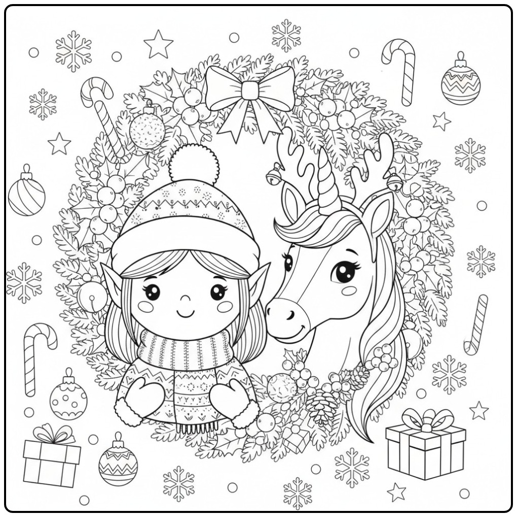 Een schattige Kleurplaat elfje en eenhoorn Kerst in een krans.