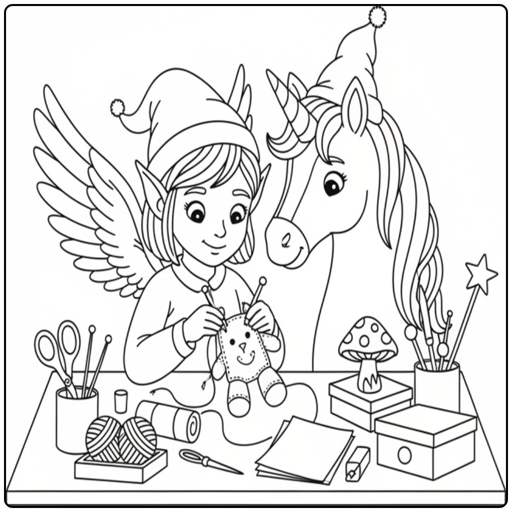 Een lieve kleurplaat elfje en eenhoorn die samen knutselen.