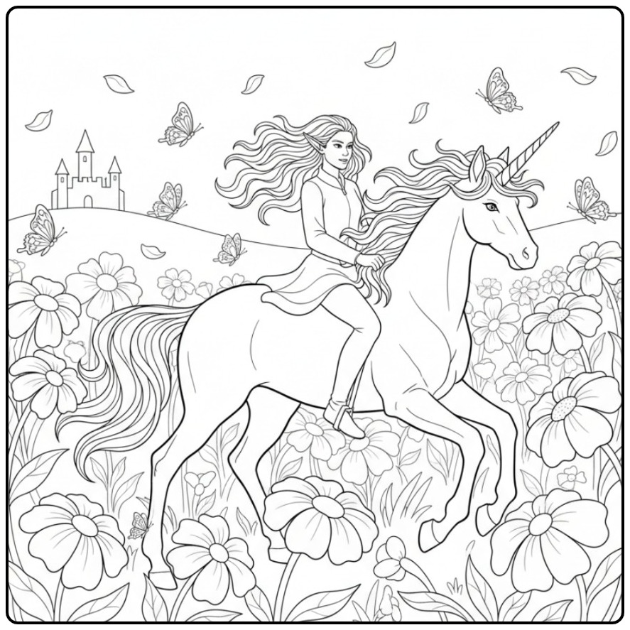 Een mooie kleurplaat elfje en eenhoorn in een bloemenveld.