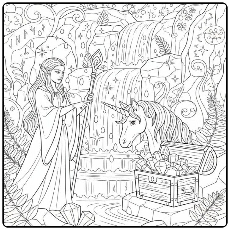 Fantasie kleurplaat elfje en eenhoorn bij een waterval.