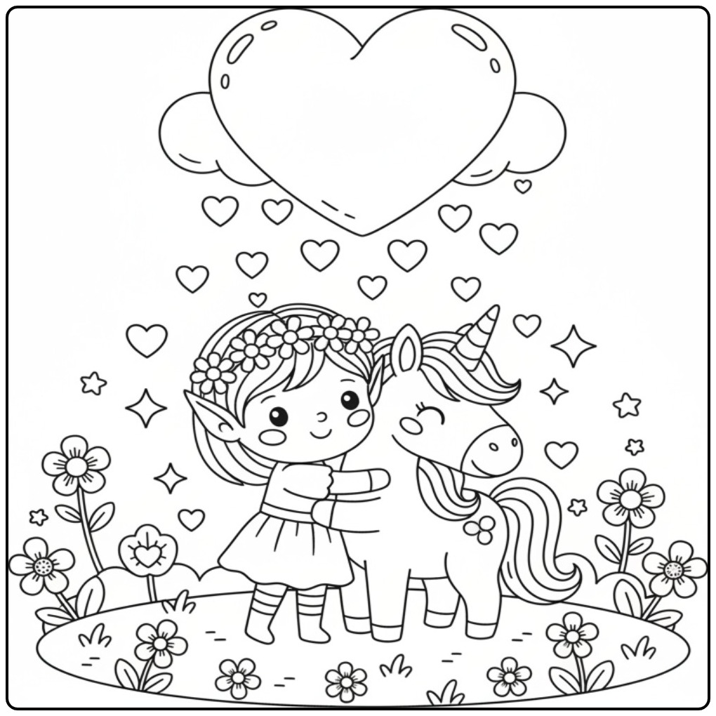 Lieve Kleurplaat elfje en eenhoorn met hartjes en bloemen.