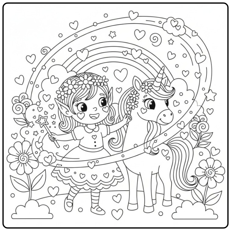 Vrolijke Kleurplaat elfje en eenhoorn met hartjes en regenboog.