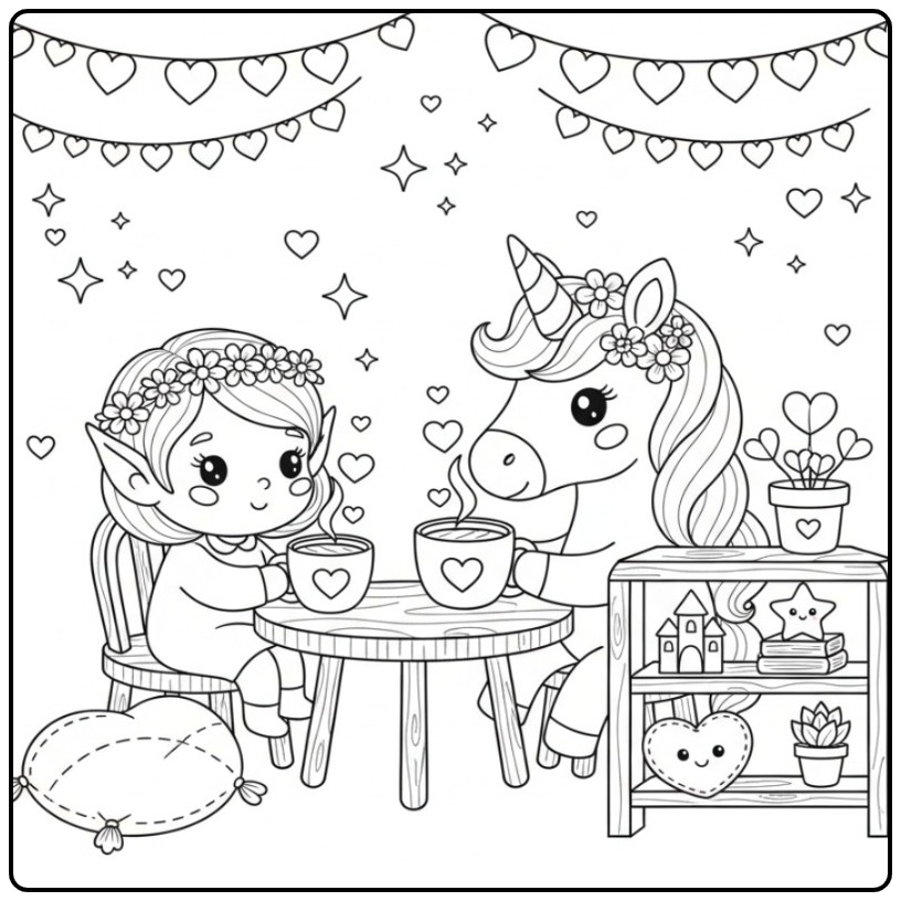 Lieve Kleurplaat elfje en eenhoorn met hartjes en thee.