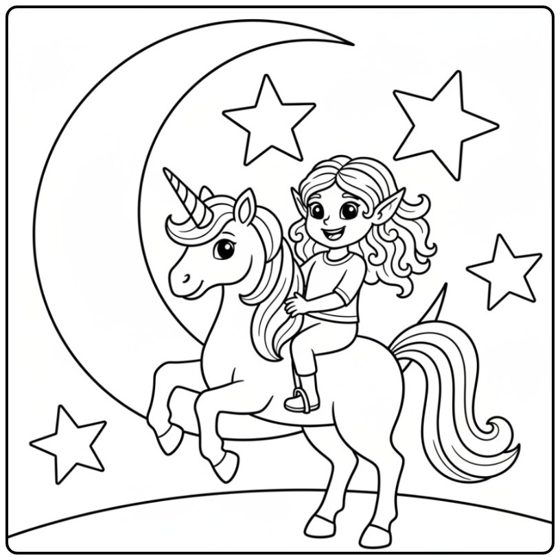 Vrolijke kleurplaat elfje en eenhoorn voor een magische maan