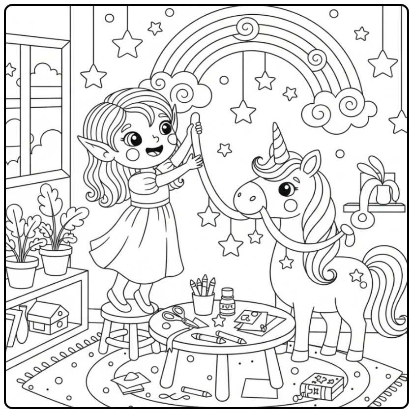 Een vrolijke Kleurplaat elfje en eenhoorn met regenboog.