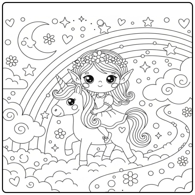 Schattige Kleurplaat elfje en eenhoorn met regenboog en sterren.