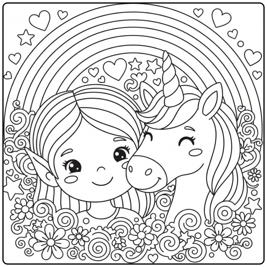 Lieve Kleurplaat elfje en eenhoorn met regenboog en bloemen.