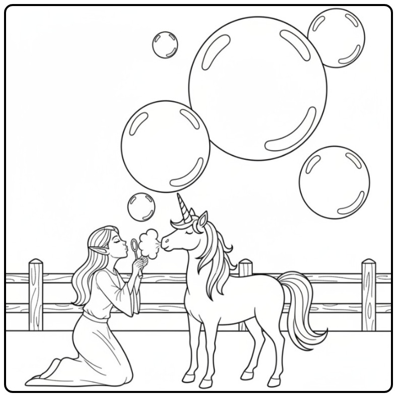 Een lieve kleurplaat elfje en eenhoorn die bellen blaast.