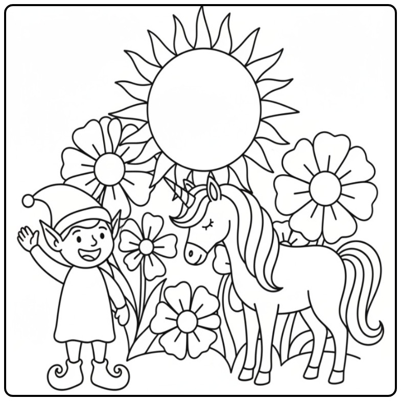 Vrolijke kleurplaat elfje en eenhoorn in een bloemenveld.