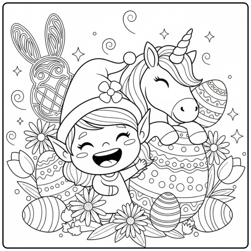 Vrolijke Kleurplaat elfje en eenhoorn Pasen met bloemen.