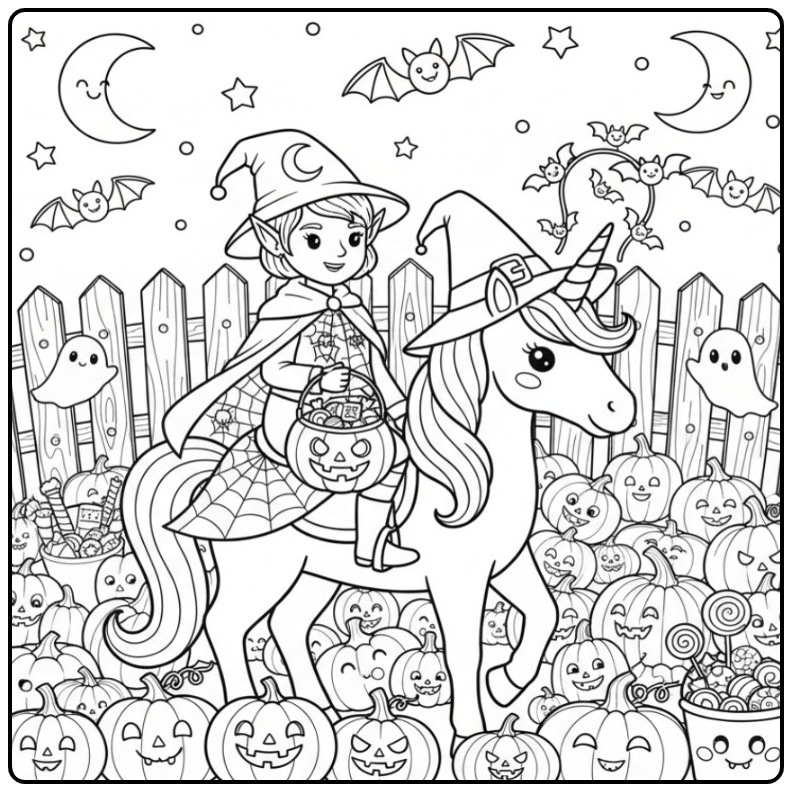 Schattige kleurplaat elfje en eenhoorn voor een Halloweentocht.