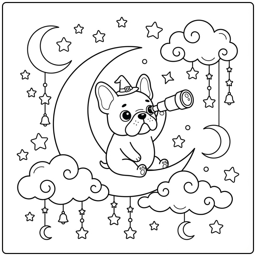 Een leuke kleurplaat franse bulldog op de maan met een telescoop.