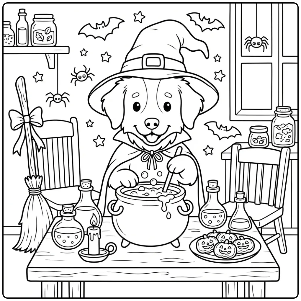 Een schattige kleurplaat halloween hond als heks in de keuken.