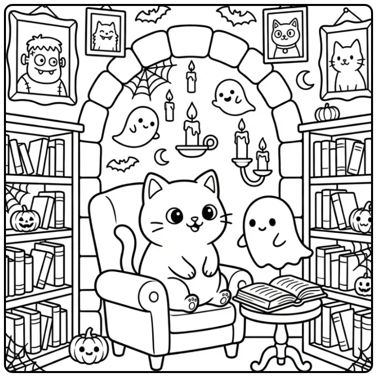 Leuke kleurplaat halloween kat in bibliotheek met spookje
