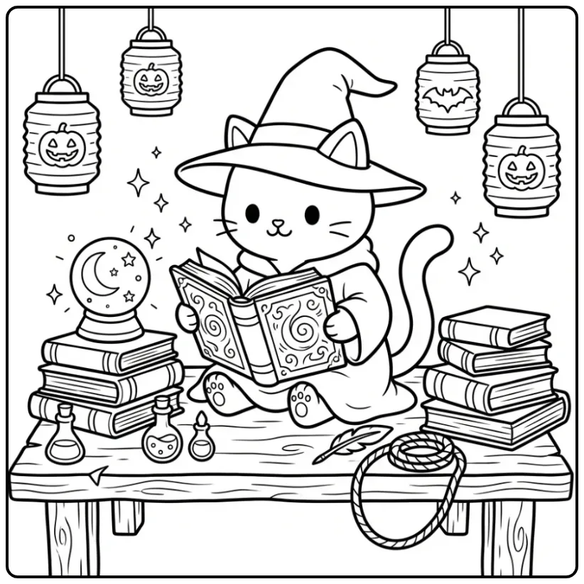 Een schattige kleurplaat halloween kat als tovenaar die leest.