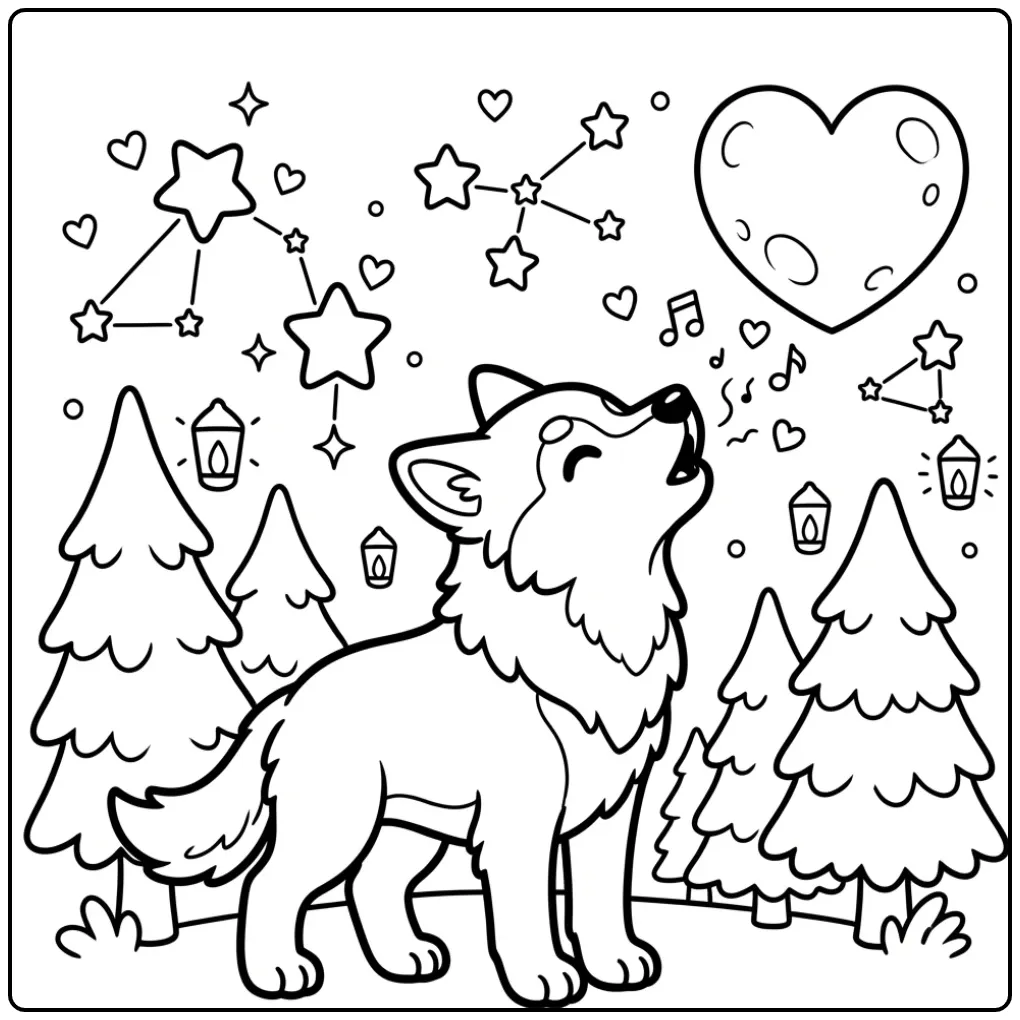 Schattige kleurplaat hond met hartjes en een hartjesmaan.