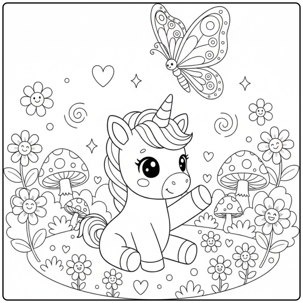Een schattige Kleurplaat kawaii chibi baby unicorn met vlinder.