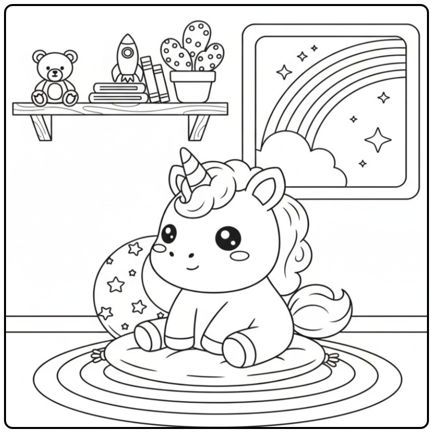 Kleurplaat kawaii chibi regenboog unicorn zittend op een kussen.