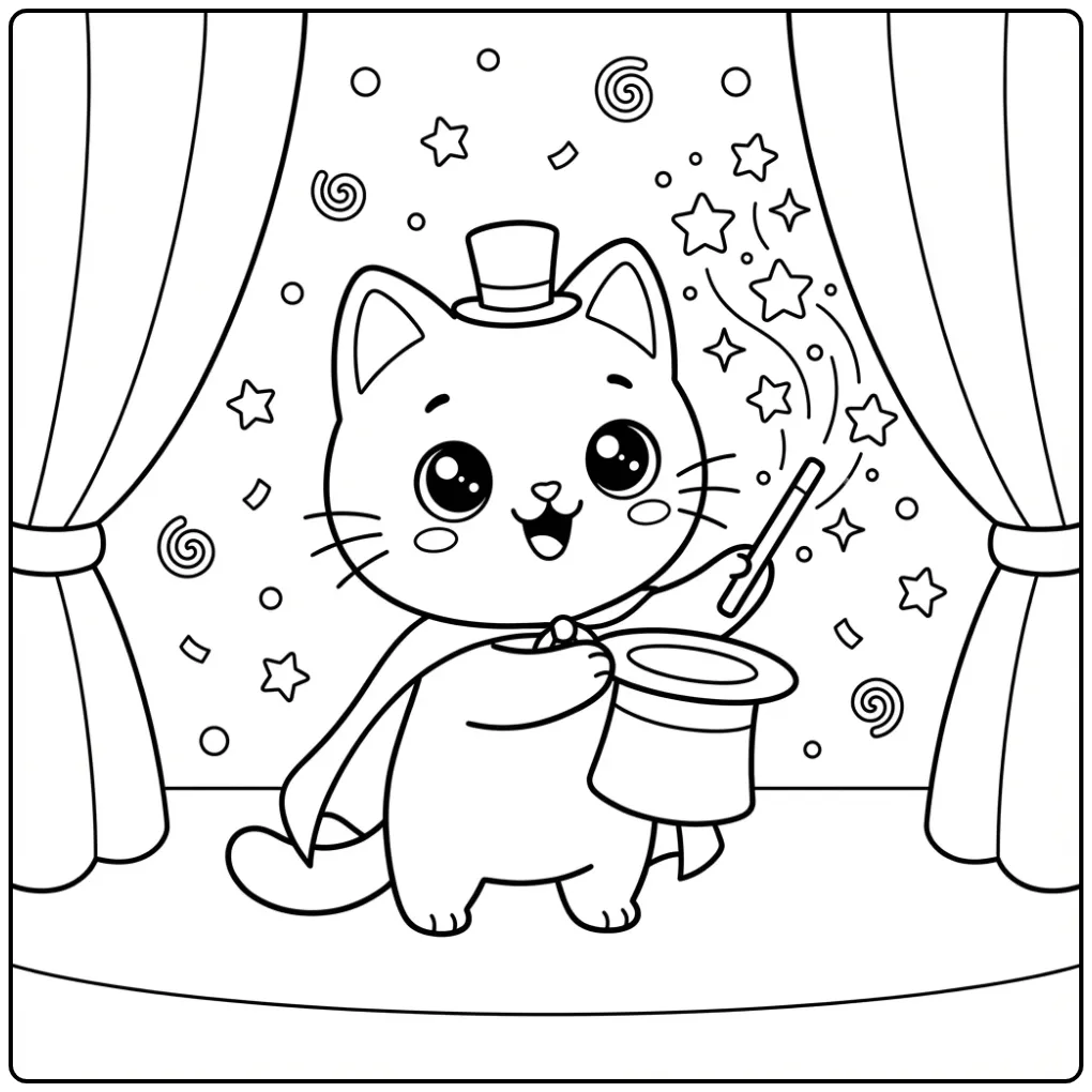 Een kleurplaat kawaii kat als goochelaar met hoed en sterren.