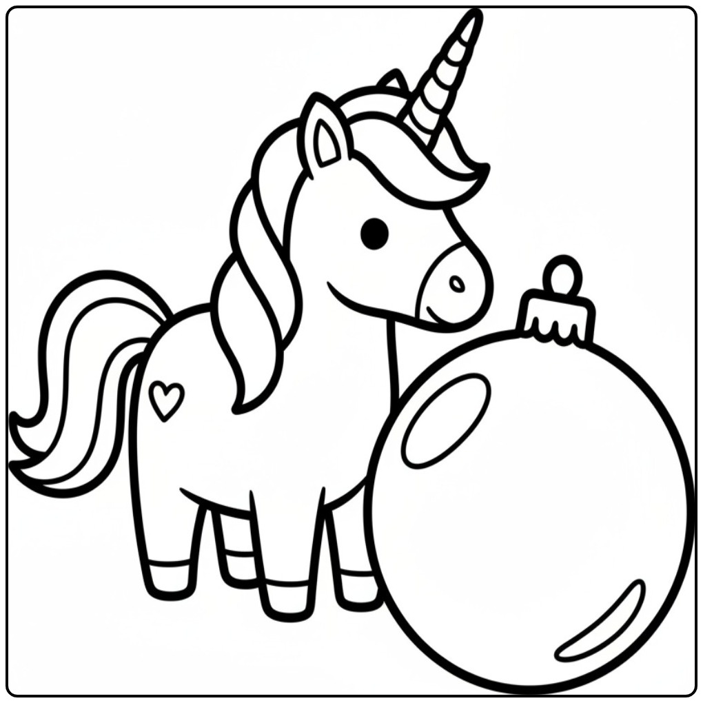 Eenhoorn met kerstbal kleurplaat kerst unicorn, perfect voor de feestdagen!