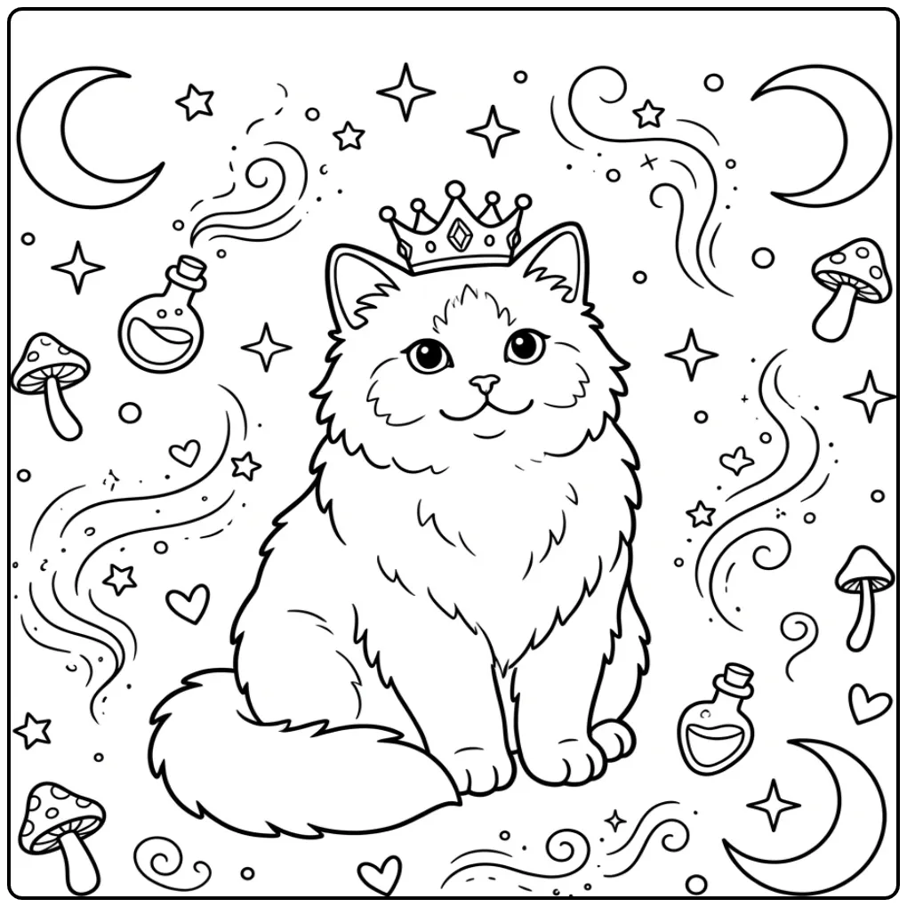 Een kleurplaat kitten schattig met een kroontje en sterren.