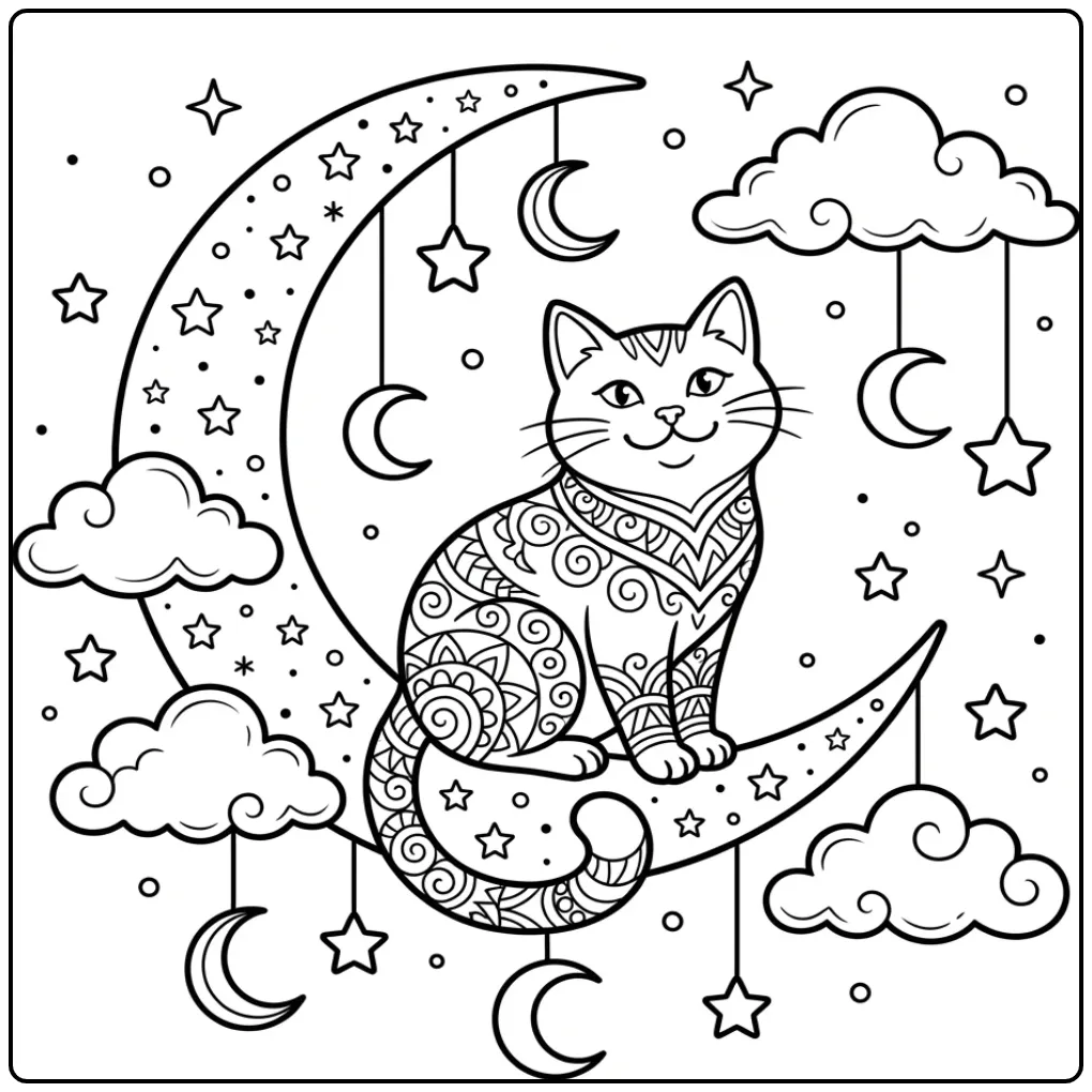 Kleurplaat mandala kat op een maanvormige zitstok met sterren.
