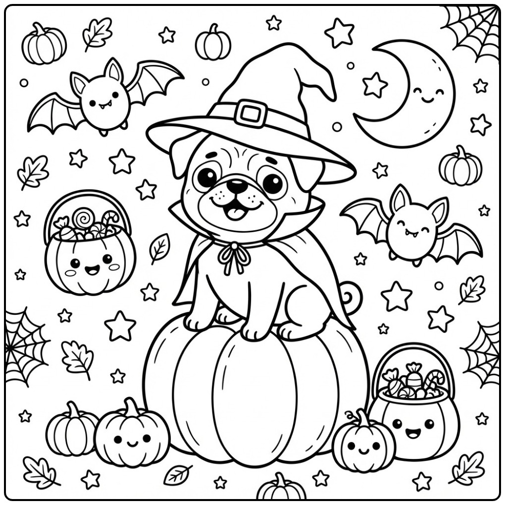 Leuke Halloween scène met een kleurplaat mopshond en vleermuizen.