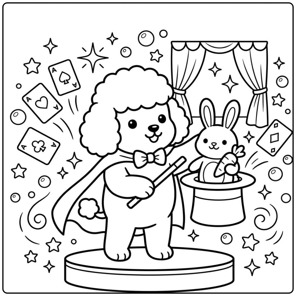 Schattige kleurplaat poedel als goochelaar op een podium.