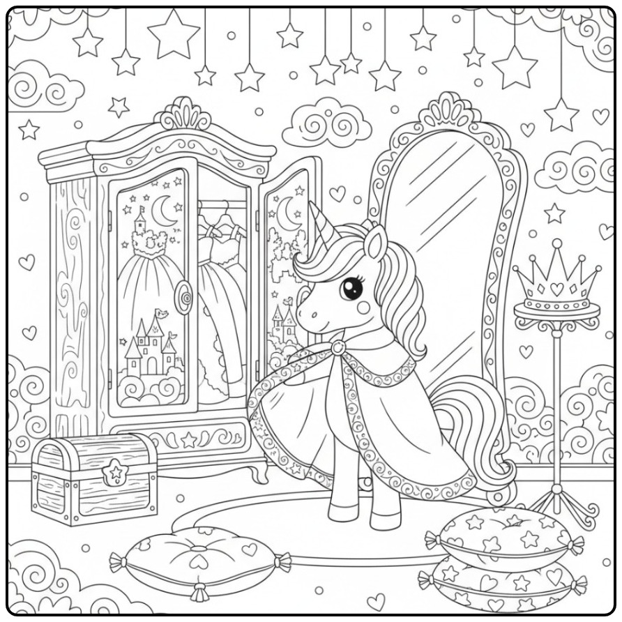 Betoverende kleurplaat prinses eenhoorn in haar sprookjeskamer.