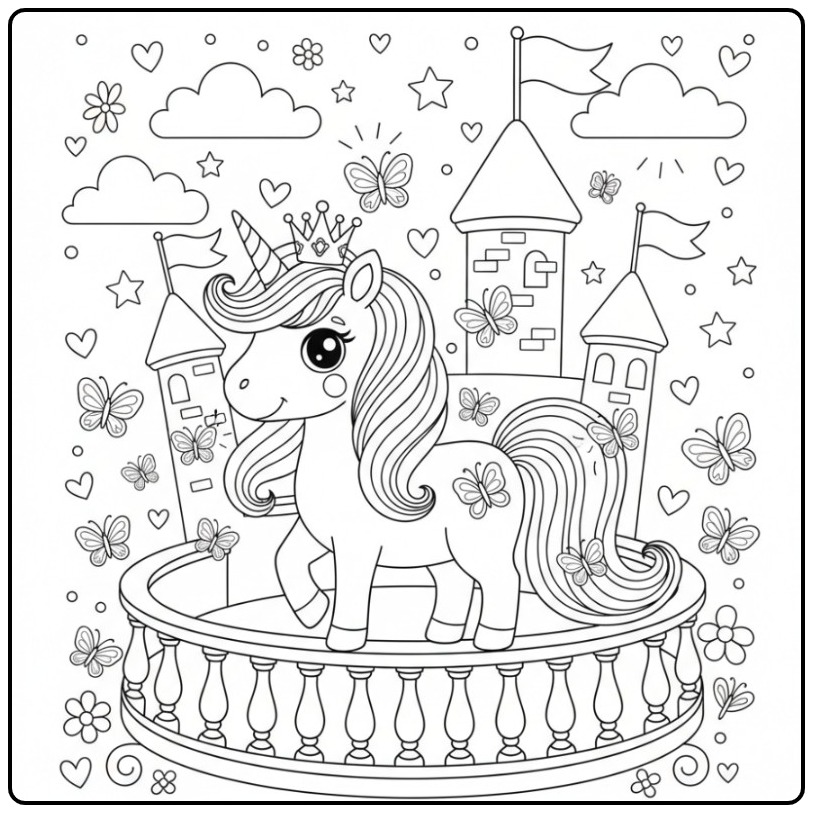 Kleurplaat prinses unicorn en vlinders op een prachtig kasteel