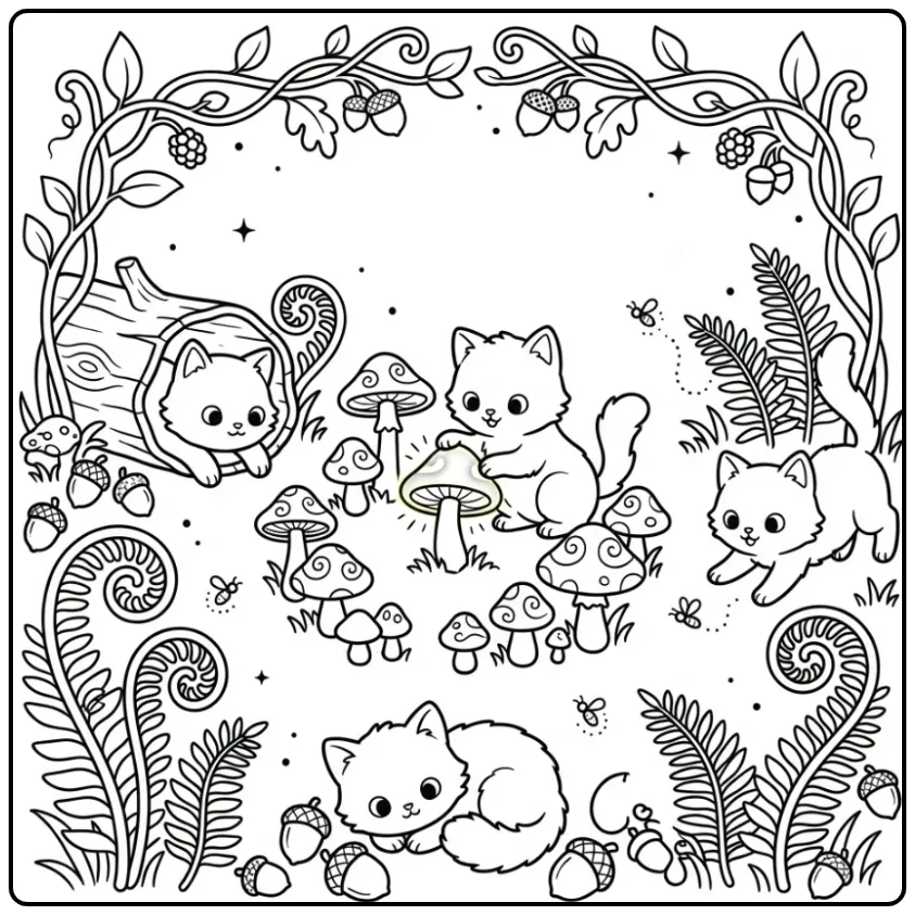 Een leuke kleurplaat schattige katjes tussen paddenstoelen.
